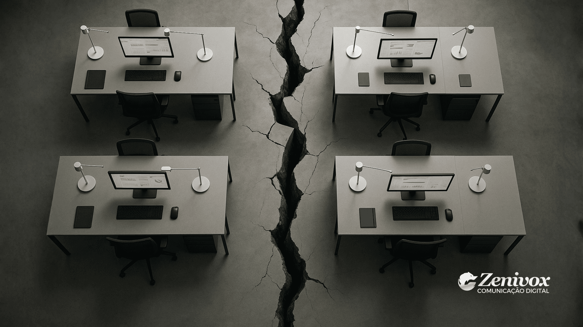 Ambiente corporativo com mesas alinhadas e uma enorme rachadura no chão separando as estações de trabalho, simbolizando como o Risco Corporativo frequentemente surge de dentro da própria operação — não do crime organizado.