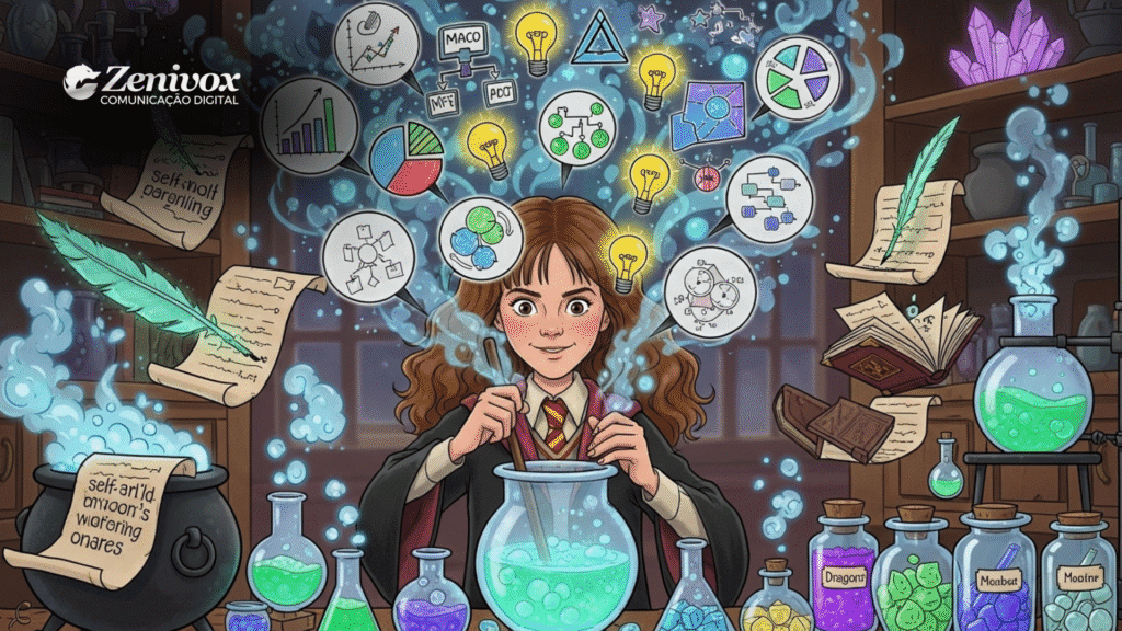 Ilustração de Hermione Granger preparando uma poção em um laboratório mágico repleto de livros, pergaminhos e frascos coloridos. Fórmulas, gráficos e ideias flutuam no ar, representando sua mente analítica e perfeccionista. A imagem simboliza a “curadoria de conteúdo Perfeccionista”, que combina magia e método para transformar informação em conhecimento sólido. 