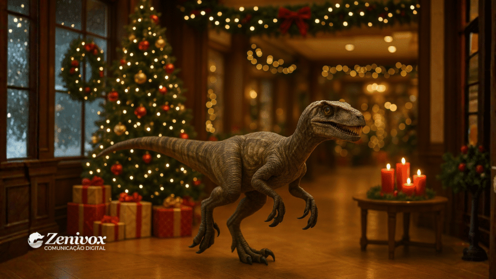 Velociraptor em um salão decorado para o Natal, andando entre árvores iluminadas e presentes — uma metáfora visual da arrogância da InGen ao brincar de Deus e destruir sua própria imagem corporativa durante o “Natal da soberba corporativa”.
