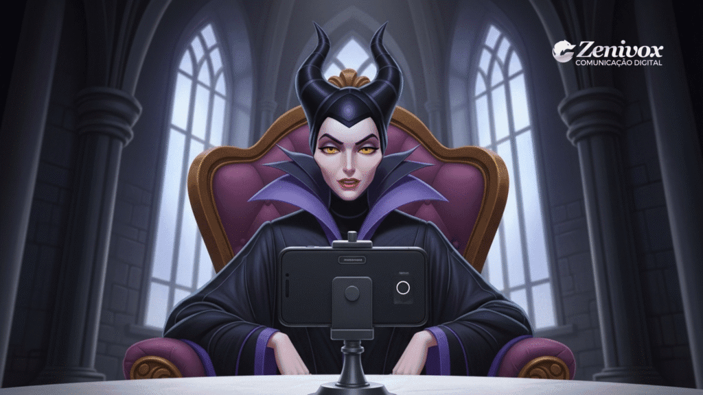 Malévola, sentada em um trono majestoso dentro de um castelo sombrio, encara a câmera de um smartphone montado sobre um tripé, transmitindo uma presença poderosa e magnética. A cena representa o domínio do storytelling e da imagem, simbolizando sua transformação em “Curadora da Reputação”.