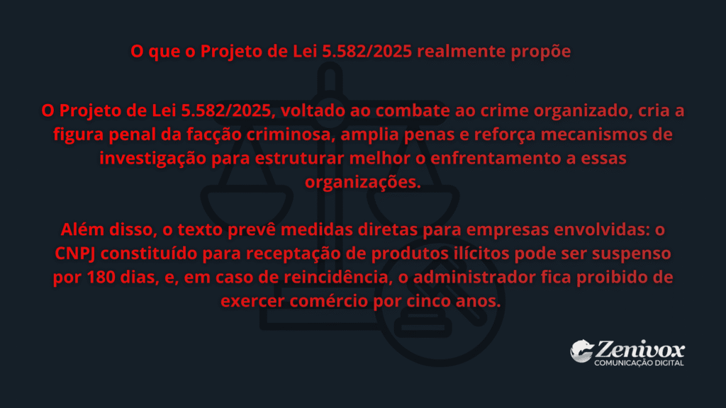 Painel explicativo sobre o Projeto de Lei 5.582/2025 e seus impactos diretos nas empresas, destacando como mudanças legais ampliam o Risco Corporativo para organizações envolvidas com receptação e práticas ilícitas.