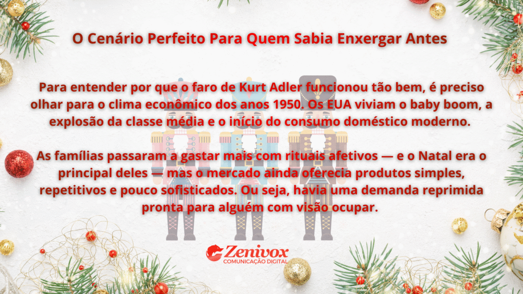Arte natalina com enfeites e três soldadinhos ao fundo, acompanhando um texto que explica o cenário econômico dos anos 1950 e como a visão antecipada abriu espaço para oportunidades que empresários de sucesso souberam ocupar antes de todo mundo.