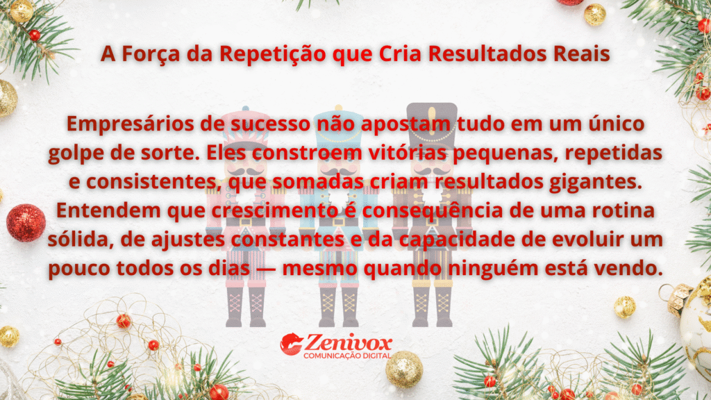 Imagem natalina com enfeites e três soldadinhos ao fundo, com um texto central destacando a importância da repetição e consistência na construção de resultados. A arte reforça como empresários de sucesso crescem através de rotina sólida, ajustes contínuos e evolução diária.