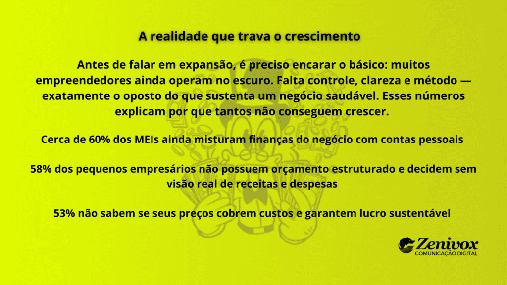 Painel mostrando dados que revelam por que muitos empreendedores não crescem por falta de controle financeiro e organização, destacando a importância de agir como um Investidor Inteligente para tomar decisões baseadas em números.