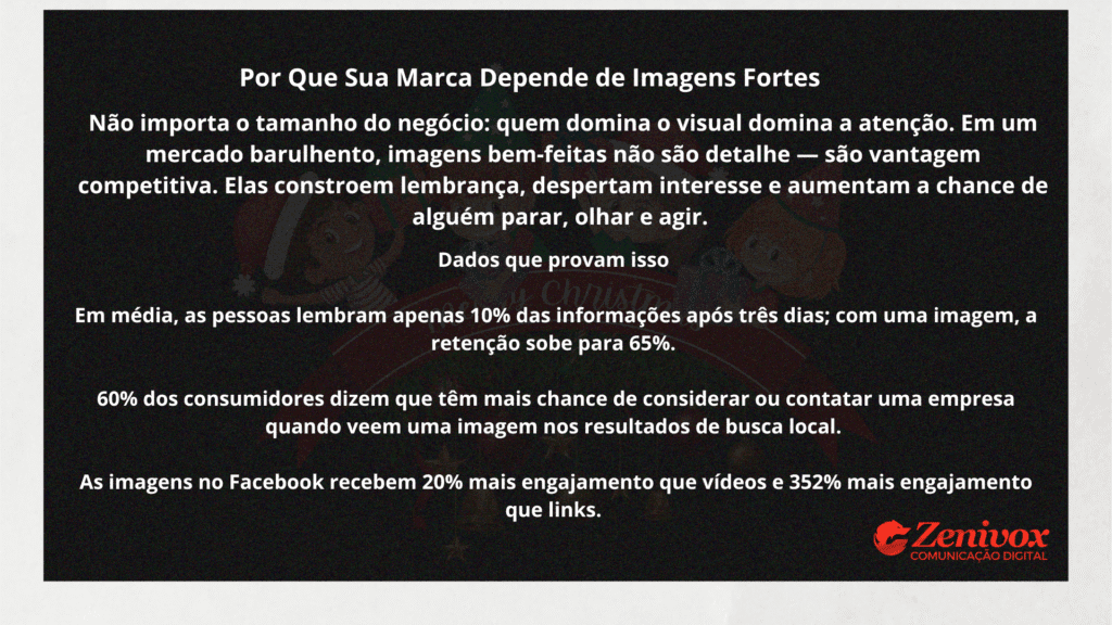 Card informativo com fundo escuro apresentando dados sobre a importância de usar de Fotografia Publicitária forte. O texto destaca como imagens aumentam atenção, retenção e engajamento, com estatísticas de comportamento do consumidor. Logotipo da Zenivox aparece no canto inferior direito.
