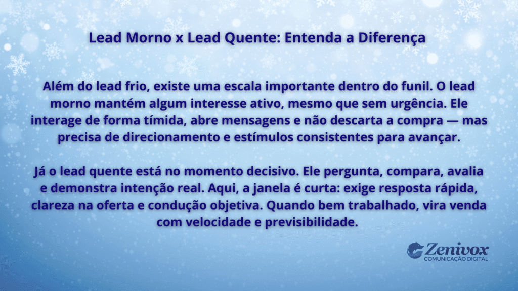 Imagem ilustrativa explicando a diferença entre lead morno e lead quente, destacando comportamentos, nível de interesse e o papel do direcionamento comercial dentro do funil.