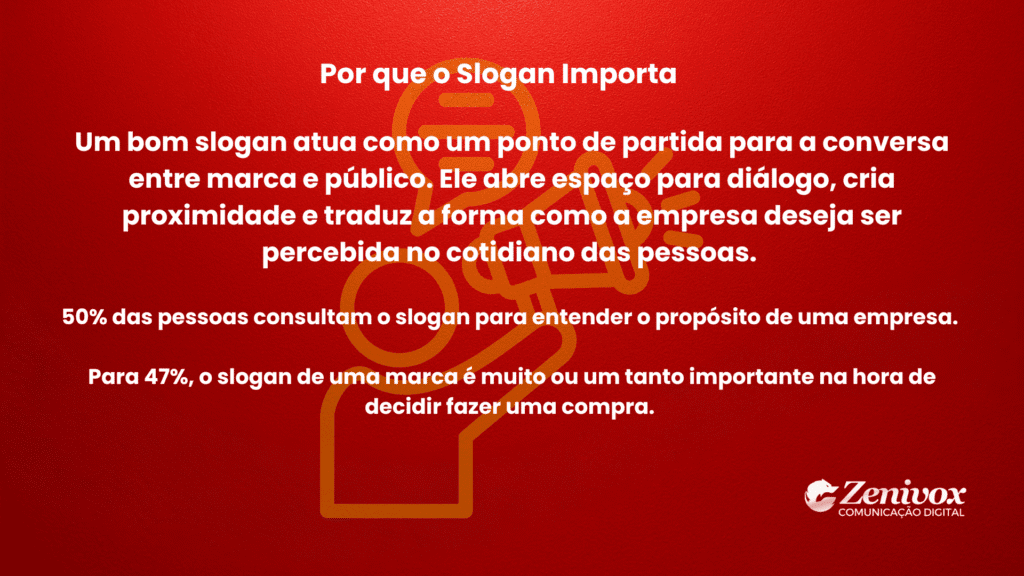 Painel explicativo sobre a importância do slogan no marketing, com fundo vermelho e texto branco detalhando como ele cria conexão entre marca e público.