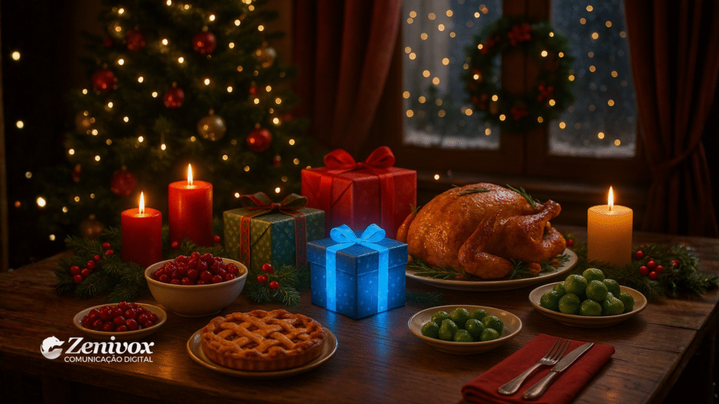 Mesa de ceia natalina impecável, com pernil dourado, presentes brilhantes e um pacote azul iluminado no centro — uma metáfora visual da fachada perfeita dos Los Pollos Hermanos, onde a reputação da empresa reluz enquanto a verdade incômoda fica escondida nos bastidores.