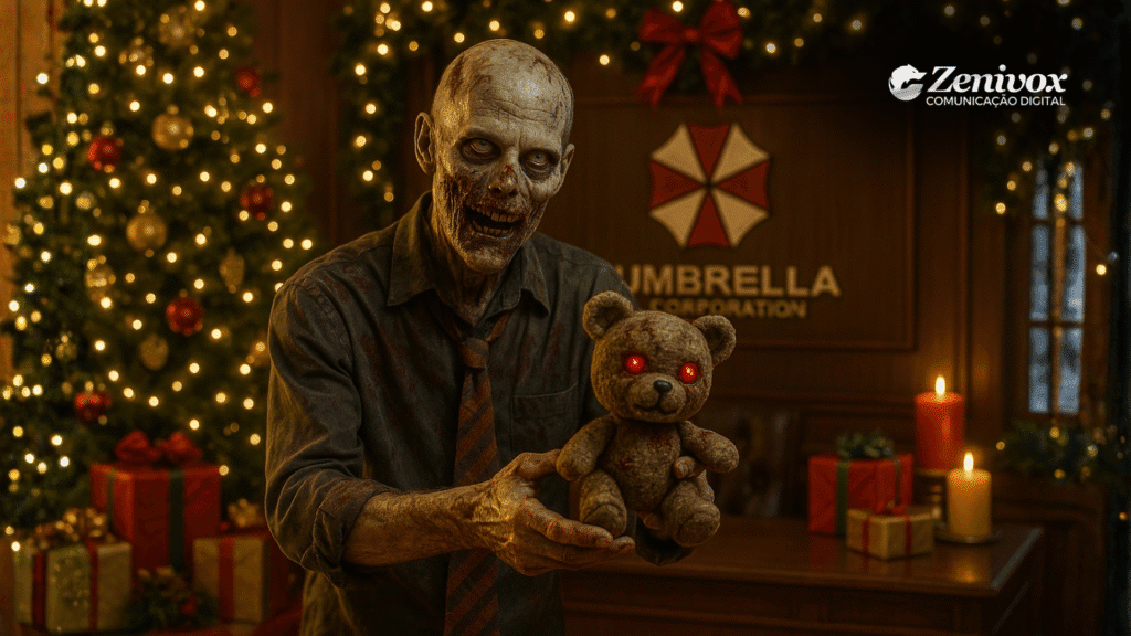 Zumbi em ambiente corporativo natalino segurando um ursinho com olhos vermelhos brilhantes, diante do símbolo da Umbrella Corporation, criando uma cena sombria que ironiza um “Feliz Natal” tóxico. Simolizando a imagem corporativa tóxica. 