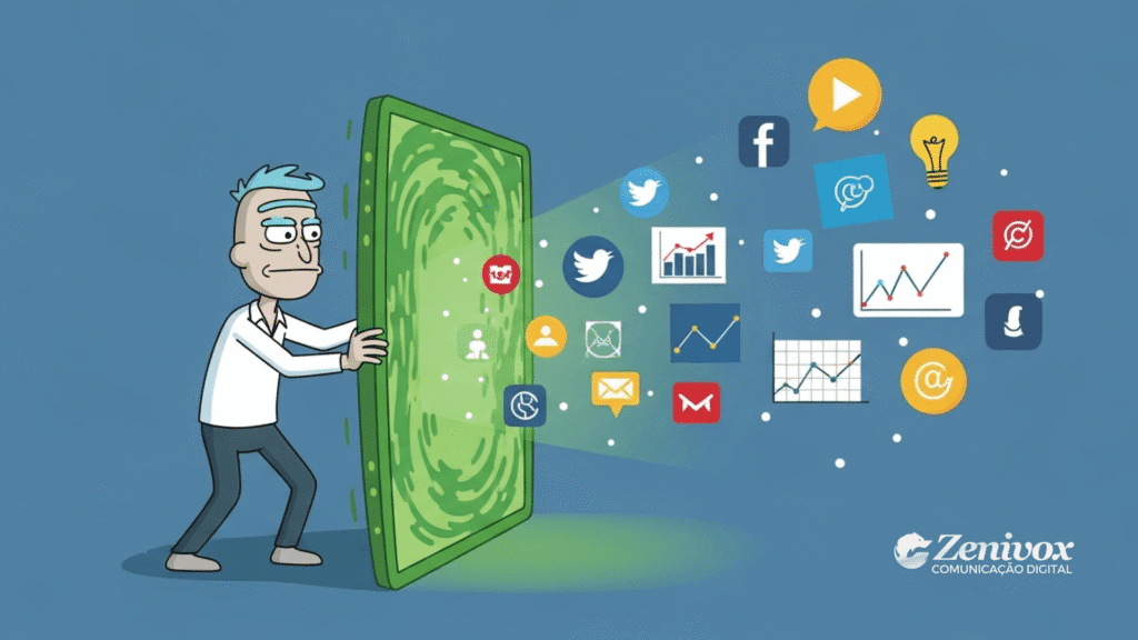 Ilustração de Rick Sanchez, da série Rick and Morty, abrindo um portal verde interdimensional de onde saem ícones de redes sociais, gráficos, e símbolos de marketing digital. A imagem representa o “Curador do Caos”, que atravessa dimensões criativas para transformar desordem em inovação.