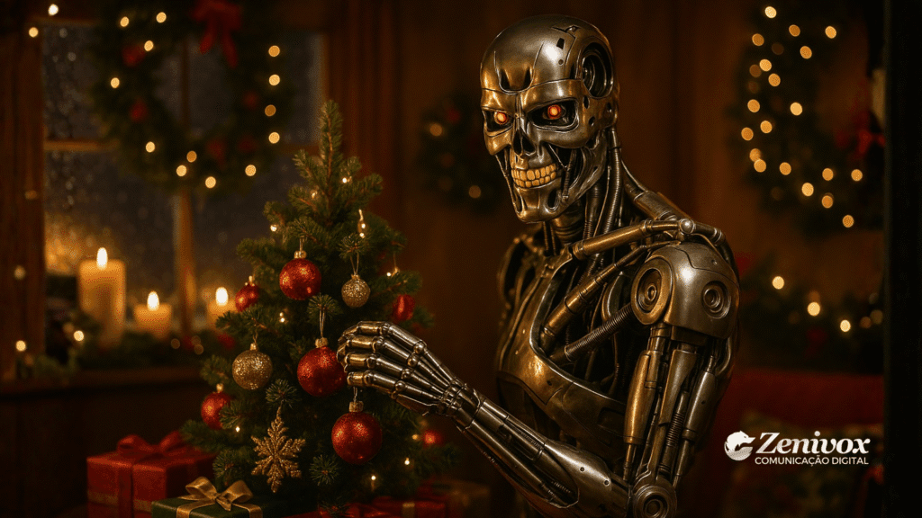Robô metálico decorando uma pequena árvore de Natal em um ambiente aconchegante, criando um contraste irônico entre tecnologia agressiva e clima festivo — uma crítica visual à imagem corporativa da Cyberdyne Systems e ao “Natal da automação que devora o próprio cliente”.