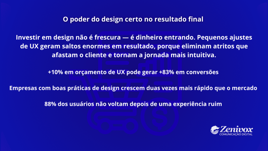 Imagem em fundo azul mostrando dados sobre como melhorias de UX e design reduzem atritos na jornada de compra. O conteúdo reforça que investir em experiência do usuário diminui falhas, aumenta conversões