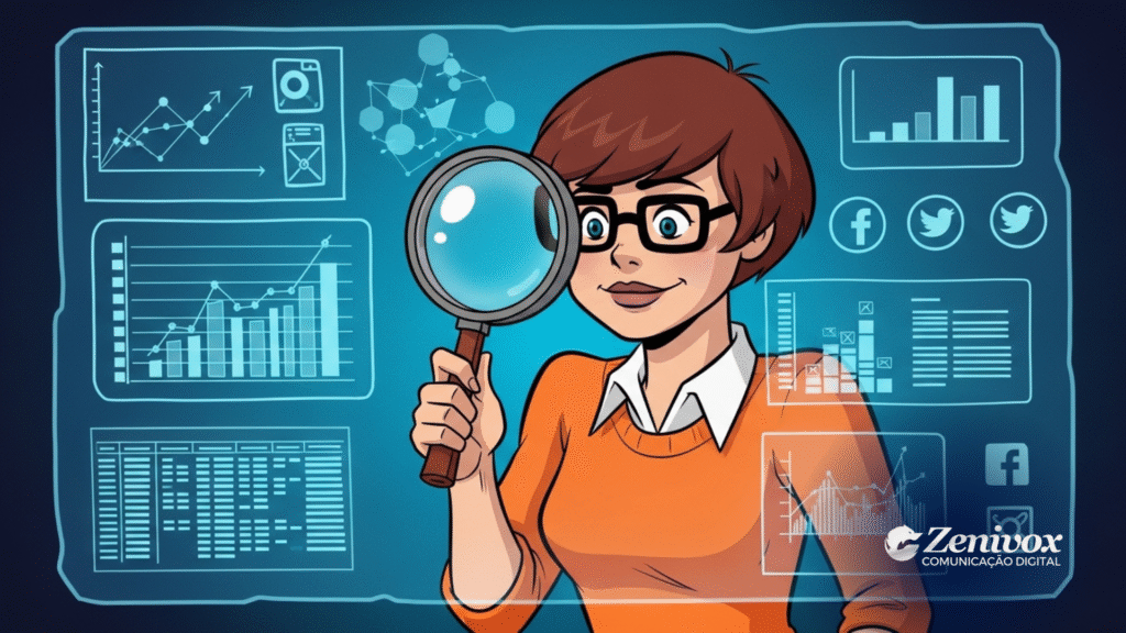 Ilustração da personagem Velma, de Scooby-Doo, com expressão concentrada, segurando uma lupa diante de gráficos, redes sociais e dados digitais flutuando sobre um fundo azul tecnológico. A imagem simboliza a figura da “curadoria de conteúdo Nerd” — alguém que transforma informações dispersas em conhecimento estruturado e estratégico. 