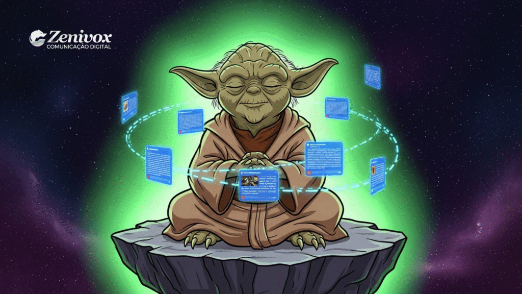 Yoda, o mestre Jedi de Star Wars, medita serenamente em uma rocha flutuante no espaço, cercado por hologramas de textos e postagens digitais que orbitam ao seu redor. A cena transmite sabedoria, equilíbrio e domínio sobre o fluxo de informações — representando o papel da “curadoria de conteúdo Sábia” no universo digital.