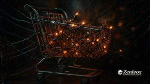 Imagem escura e cinematográfica mostrando um pequeno carrinho de compras envolvido por fios de luzes natalinas emaranhadas. A cena simboliza o problema do carrinho abandonado durante o Natal, representando compras interrompidas presas em obstáculos invisíveis.