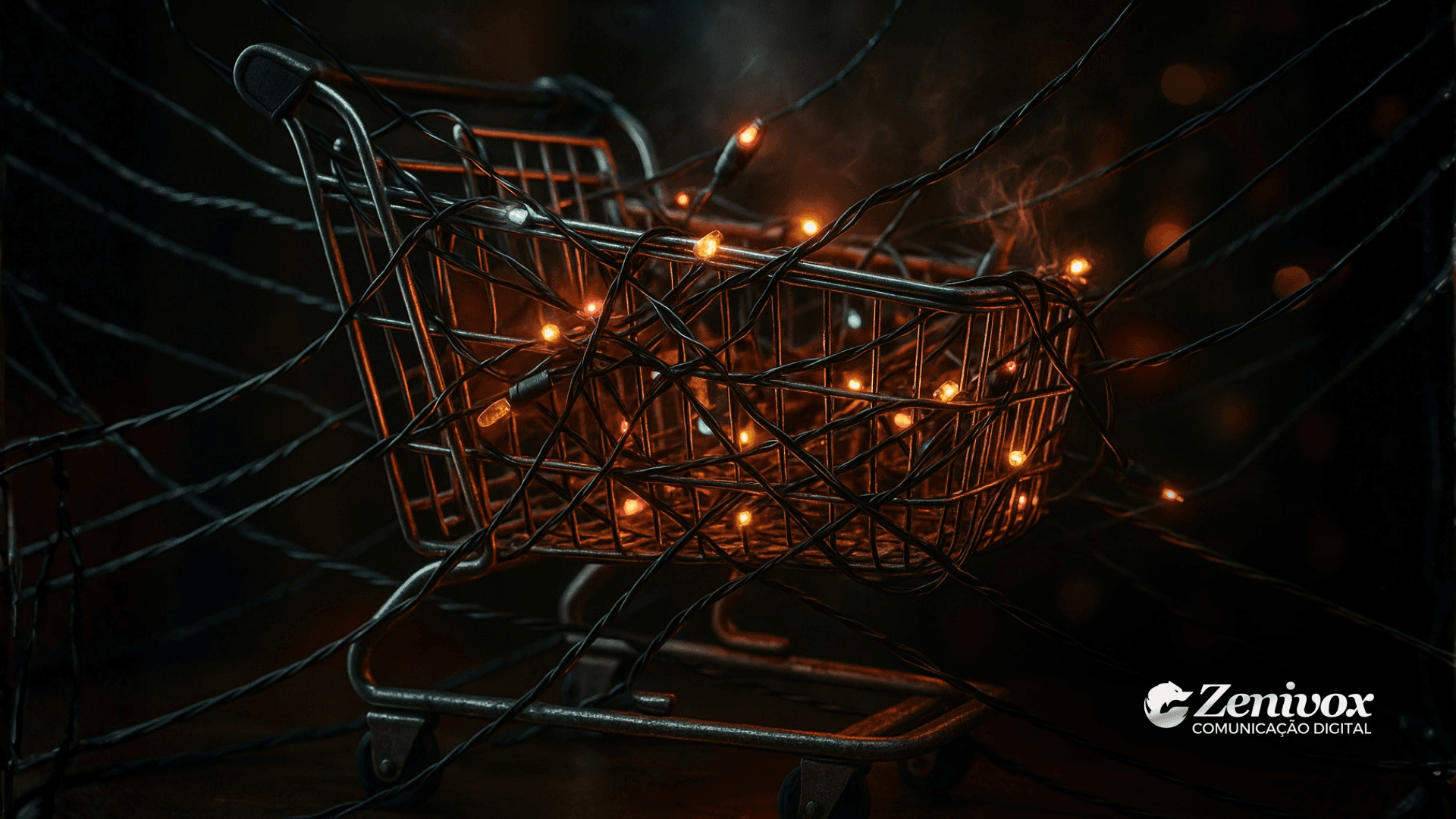 Imagem escura e cinematográfica mostrando um pequeno carrinho de compras envolvido por fios de luzes natalinas emaranhadas. A cena simboliza o problema do carrinho abandonado durante o Natal, representando compras interrompidas presas em obstáculos invisíveis.