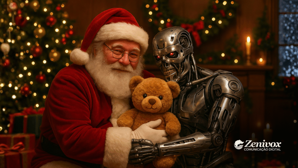 Papai Noel posando ao lado de um androide metálico enquanto seguram juntos um urso de pelúcia, em uma cena natalina que simboliza como uma imagem corporativa só funciona quando há verdade — e não uma fantasia incompatível com a essência da marca.
