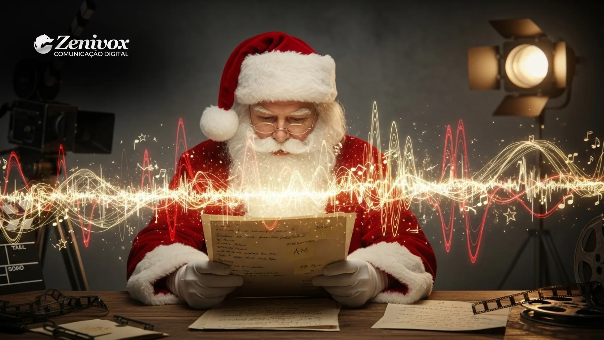 Imagem em estilo cinematográfico mostrando um Papai Noel clássico lendo roteiros em um estúdio de filmagem, com ondas sonoras brilhantes ao redor. A cena remete à produção de um comercial de natal antigo, evocando nostalgia e clima de bastidores.