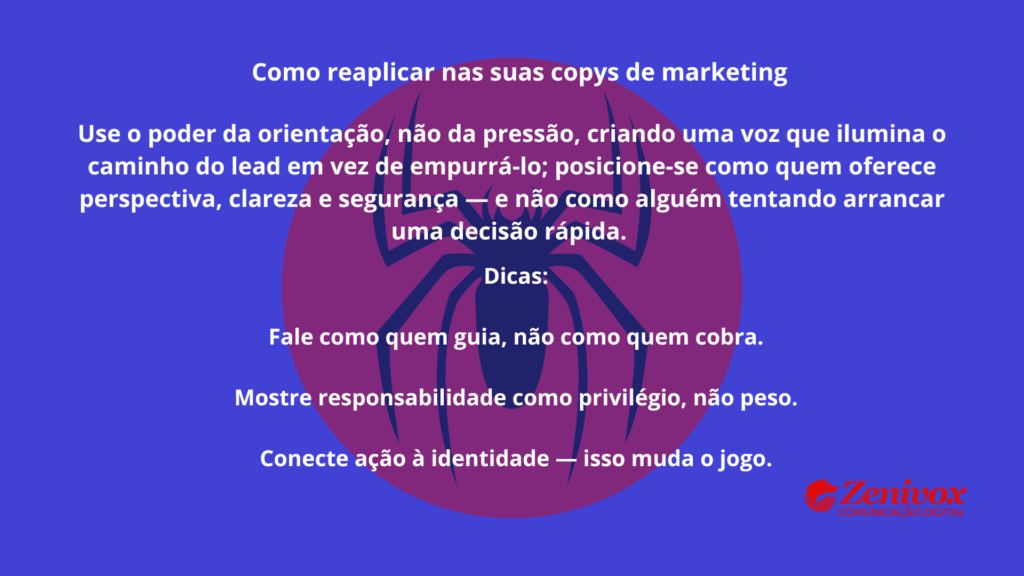 Imagem conceitual inspirada na frase “Com grandes poderes vêm grandes responsabilidades”, aplicada ao contexto de copys poderosas, destacando como mensagens de autoridade consultiva elevam, orientam e moldam o posicionamento de consultores, mentores e líderes.