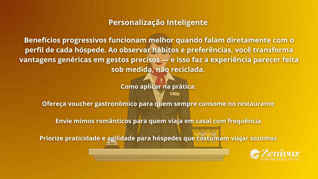 Card explicando como a personalização inteligente fortalece o marketing hoteleiro, mostrando exemplos práticos de benefícios progressivos para diferentes perfis de hóspedes.