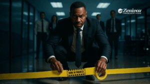 Líder colocando uma faixa de “work in progress” no chão, simbolizando ação imediata na gestão estratégica de pessoas para destravar equipes.