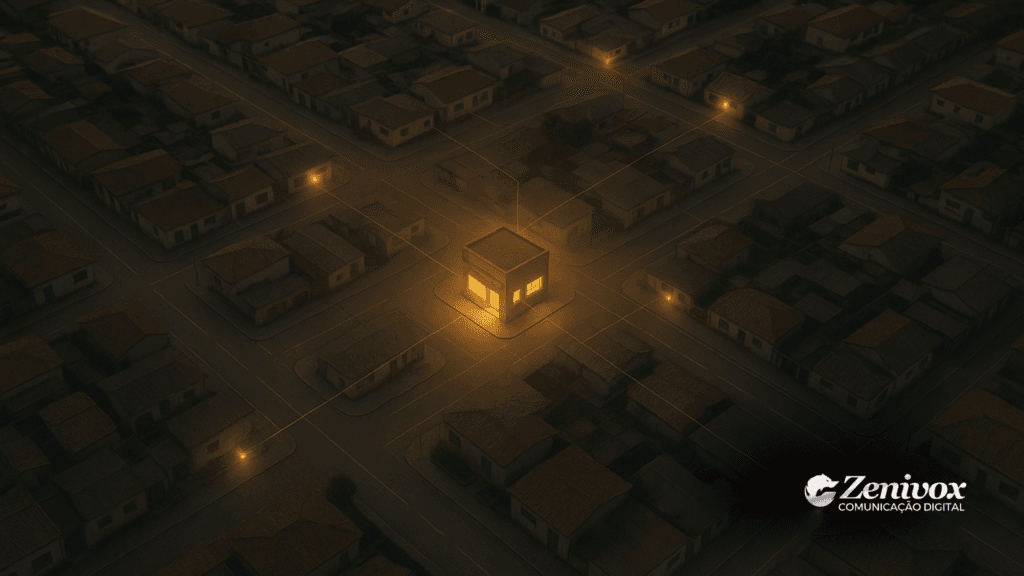 Vista aérea de um bairro com um único comércio iluminado no centro, simbolizando marketing local como estratégia de presença forte e visível para atrair clientes da região.
