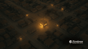 Vista aérea de um bairro com um único comércio iluminado no centro, simbolizando marketing local como estratégia de presença forte e visível para atrair clientes da região.