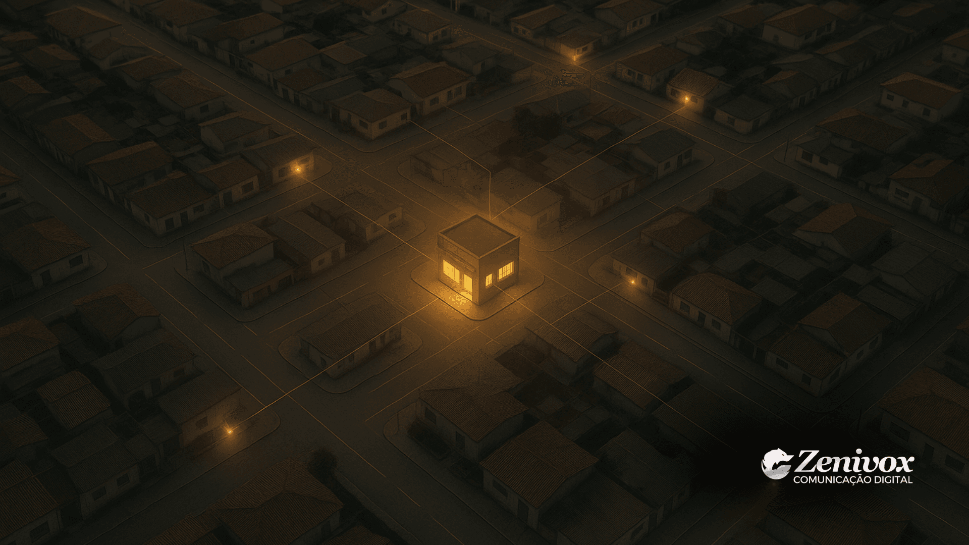 Vista aérea de um bairro com um único comércio iluminado no centro, simbolizando marketing local como estratégia de presença forte e visível para atrair clientes da região.
