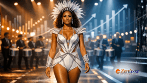 Rainha de bateria desfilando com presença forte e postura confiante, ilustrando o papel de porta-voz capaz de transmitir mensagem, autoridade e identidade de marca com impacto.