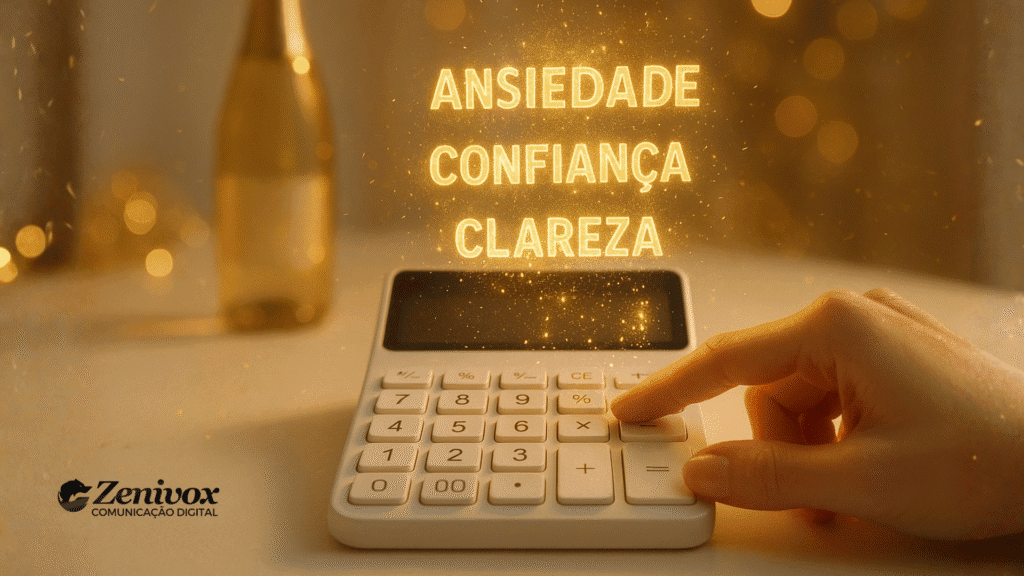 Imagem metafórica mostrando uma calculadora emitindo palavras luminosas como ‘ansiedade’, ‘confiança’ e ‘clareza’, simbolizando como o cliente pensa no início do ano. Perfeito para artigo sobre rapport em vendas e a leitura emocional de janeiro.