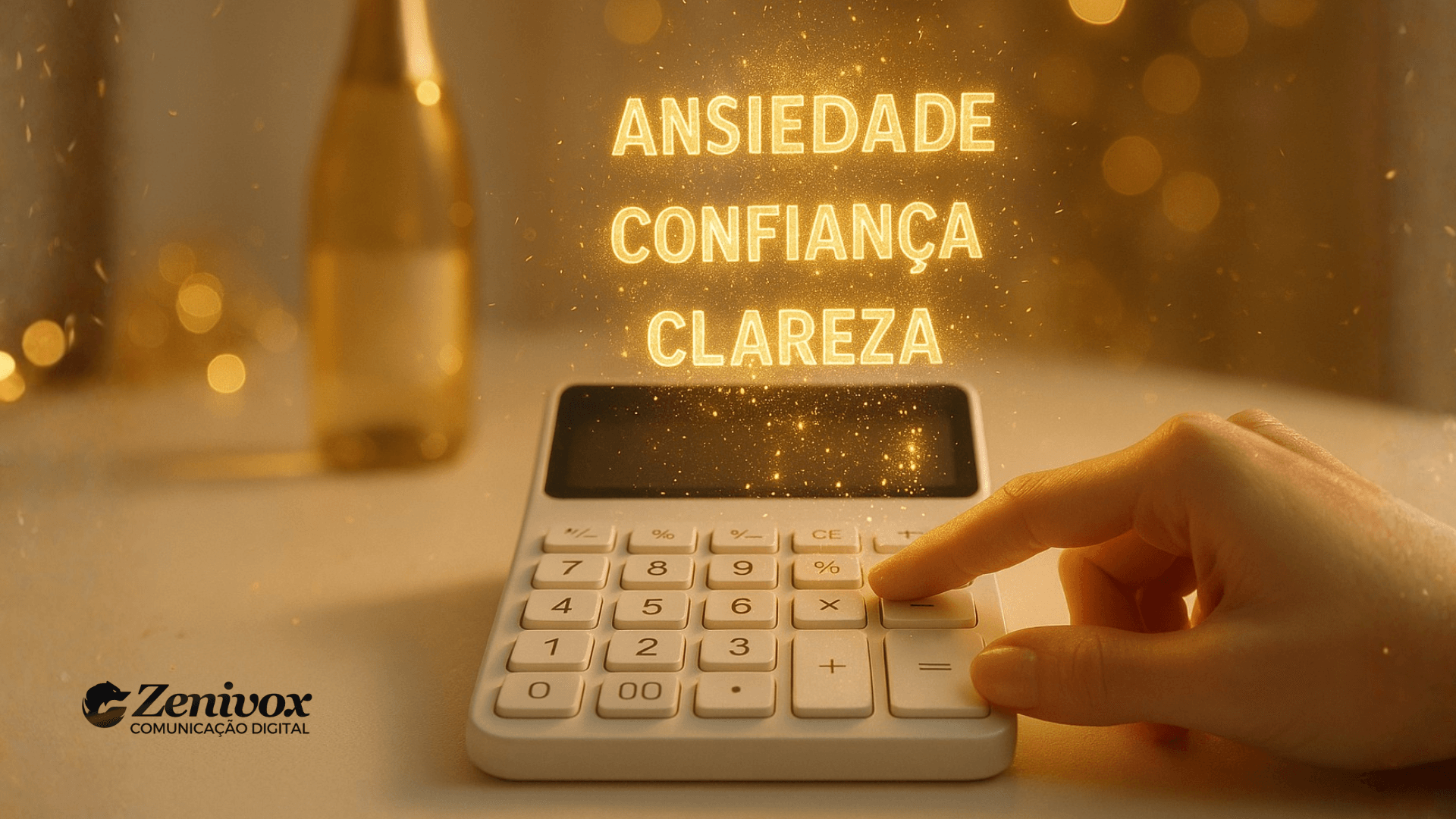 Imagem metafórica mostrando uma calculadora emitindo palavras luminosas como ‘ansiedade’, ‘confiança’ e ‘clareza’, simbolizando como o cliente pensa no início do ano. Perfeito para artigo sobre rapport em vendas e a leitura emocional de janeiro.