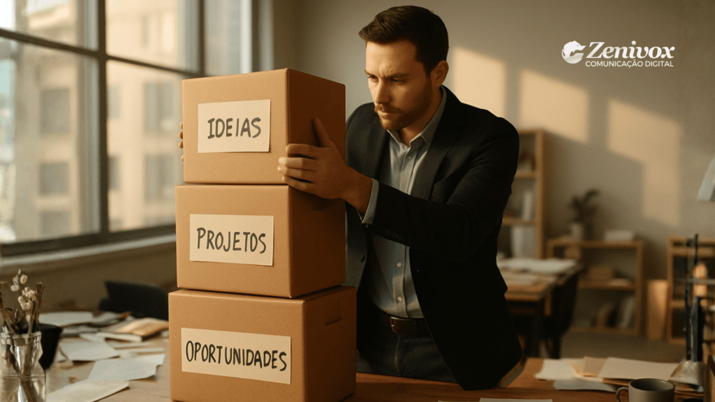 Homem organizando caixas identificadas como ideias, projetos e oportunidades, simbolizando criação de novas fontes de receita no começo do ano.