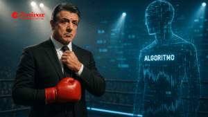 Rocky usando luvas de boxe em um ringue, encarando uma figura digital representando um algoritmo. A cena simboliza a luta estratégica entre criadores e plataformas, usando a metáfora de Rocky Balboa para ilustrar resiliência e força em estratégia de conteúdo.