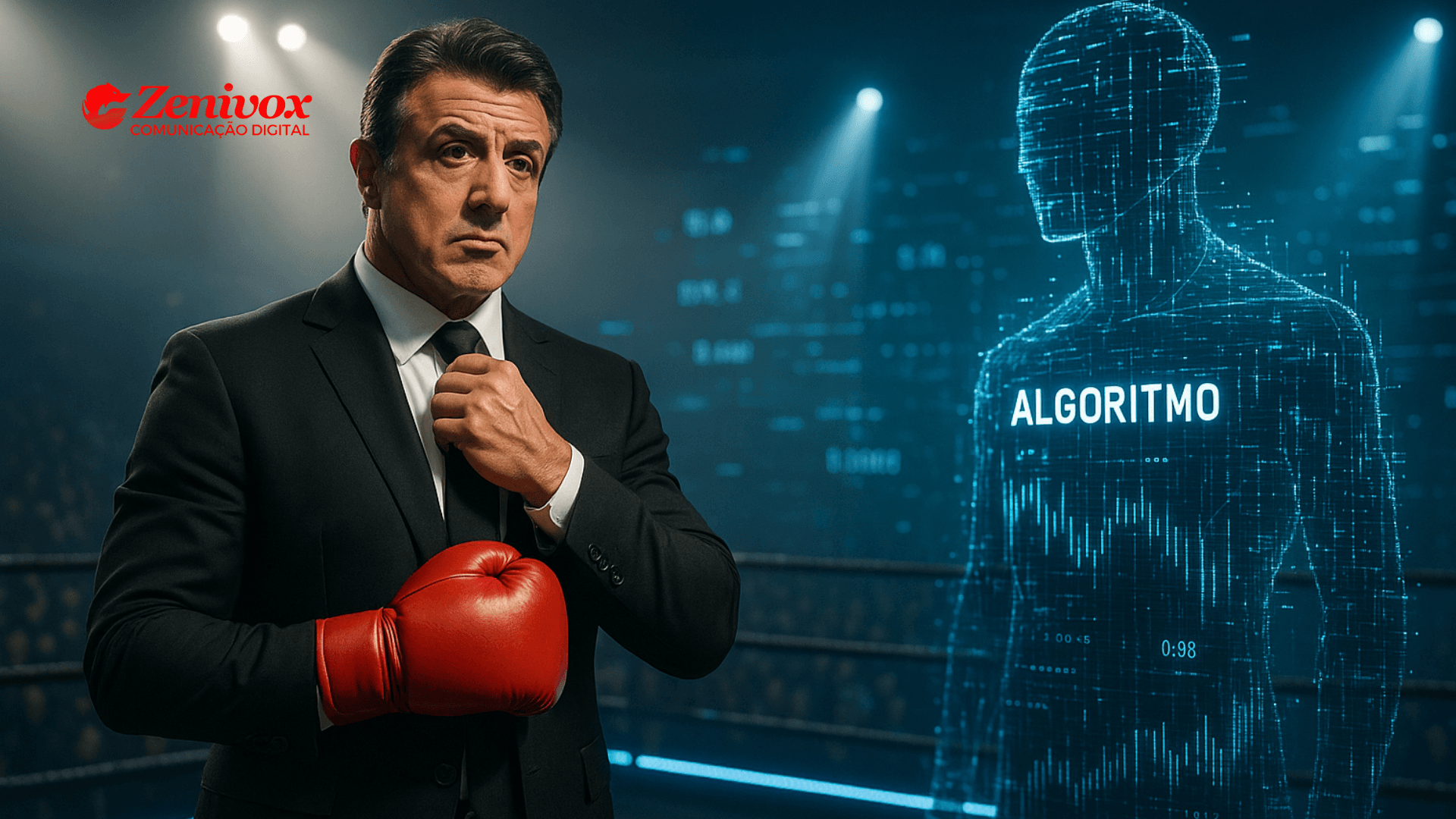 Rocky usando luvas de boxe em um ringue, encarando uma figura digital representando um algoritmo. A cena simboliza a luta estratégica entre criadores e plataformas, usando a metáfora de Rocky Balboa para ilustrar resiliência e força em estratégia de conteúdo.