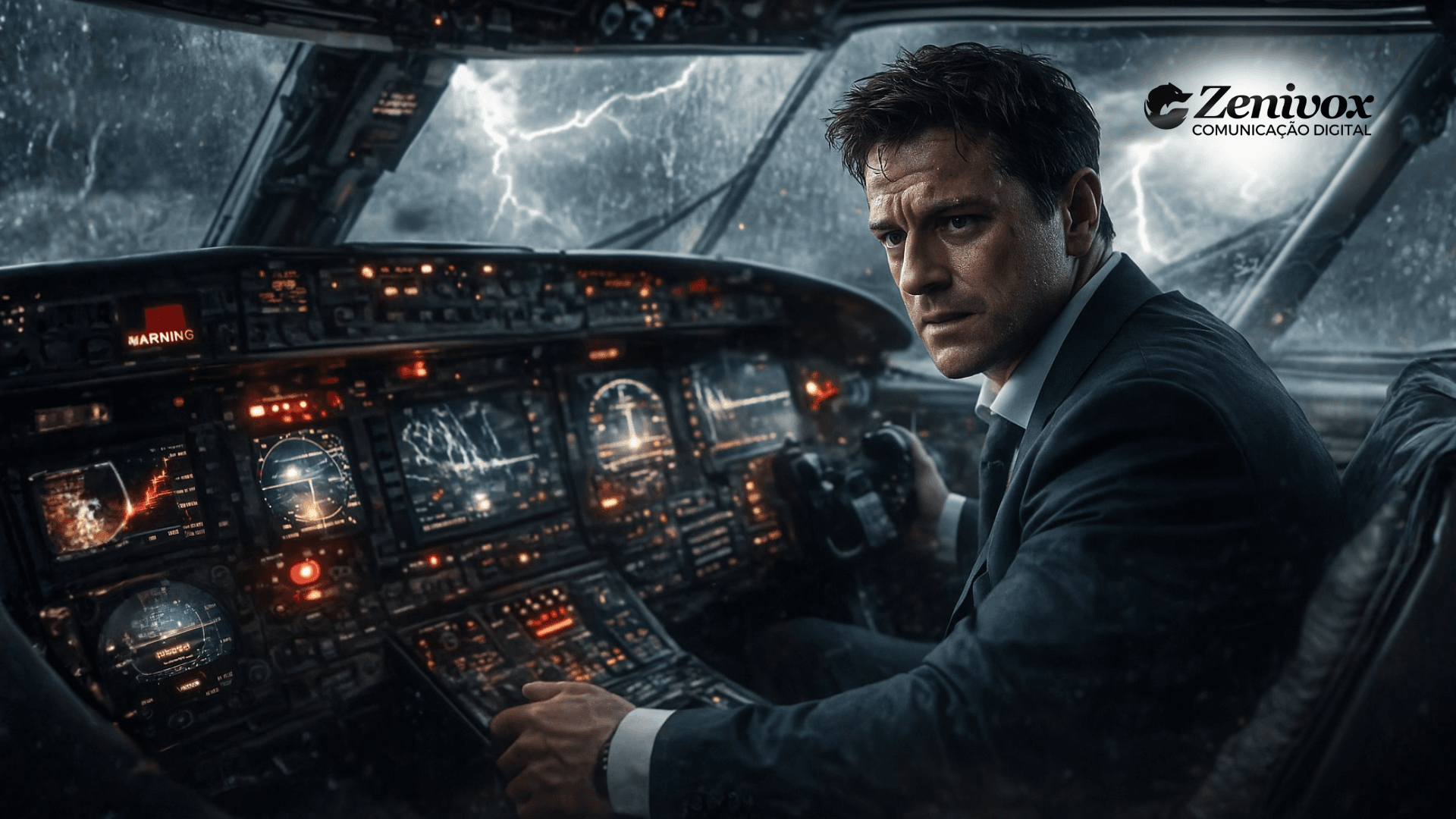 Executivo analisando painéis e dados em tempo real dentro de uma cabine de controle, representando sistemas de informação gerencial como apoio à tomada de decisão estratégica e ao controle do negócio.