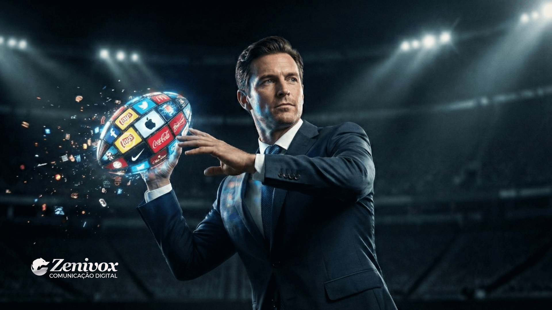 Homem executivo em estádio iluminado segurando uma bola de futebol americano formada por telas digitais com grandes marcas globais, metáfora visual do alto valor dos comerciais do Super Bowl e da atenção como ativo estratégico no marketing.