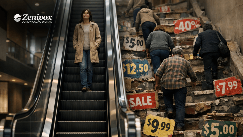 Pessoa subindo tranquilamente uma escada rolante enquanto outras sobem escadas quebradas cheias de etiquetas de preço, simbolizando que valor agregado vence o preço baixo ao oferecer progresso contínuo, menos esforço e mais resultado.