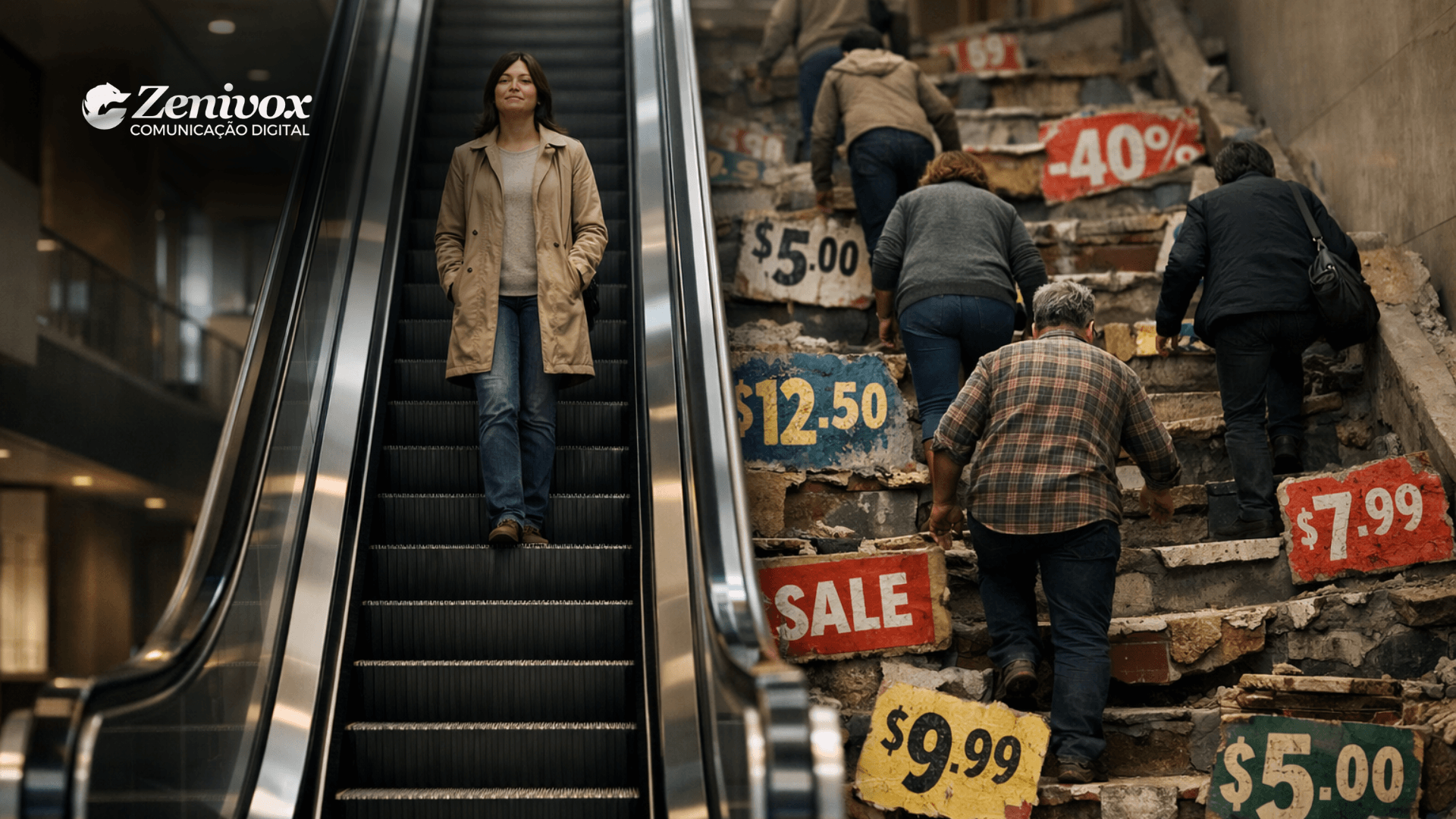 Pessoa subindo tranquilamente uma escada rolante enquanto outras sobem escadas quebradas cheias de etiquetas de preço, simbolizando que valor agregado vence o preço baixo ao oferecer progresso contínuo, menos esforço e mais resultado.