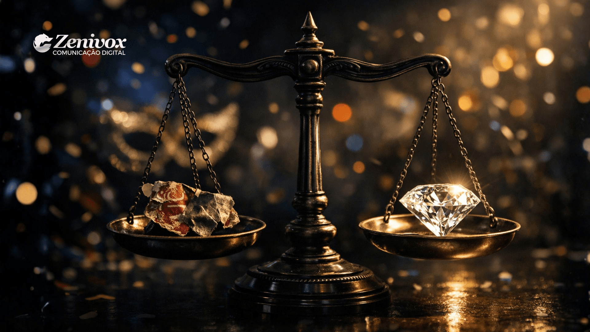 Balança antiga equilibrando um diamante lapidado e um bloco bruto de pedra, representando a percepção de valor no Carnaval em meio a luzes festivas e elementos dourados desfocados ao fundo.
