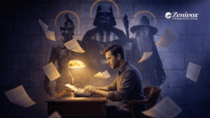 Imagem conceitual de um escritor criando copys poderosas, inspirado por personagens icônicos do cinema, com papéis voando e figuras lendárias ao fundo.