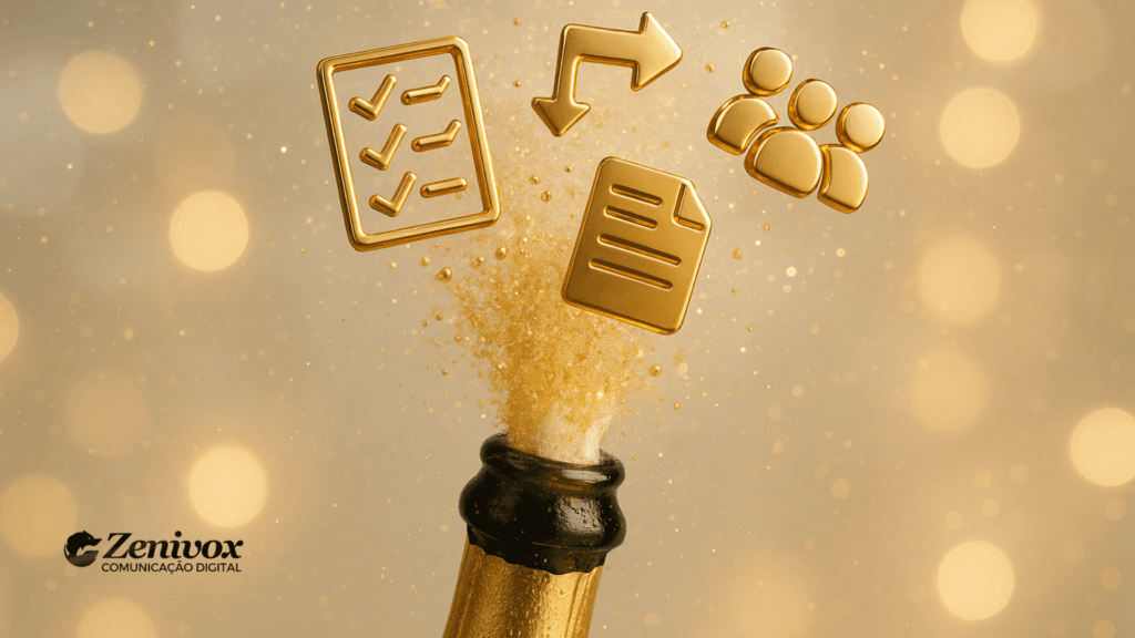 Garrafa estourando com ícones dourados de checklist, fluxo, documentos e pessoas surgindo no ar, simbolizando novos processos e rituais. Imagem ideal para conteúdo sobre cultura da empresa e construção de uma nova cultura em janeiro.