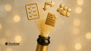 Garrafa estourando com ícones dourados de checklist, fluxo, documentos e pessoas surgindo no ar, simbolizando novos processos e rituais. Imagem ideal para conteúdo sobre cultura da empresa e construção de uma nova cultura em janeiro.