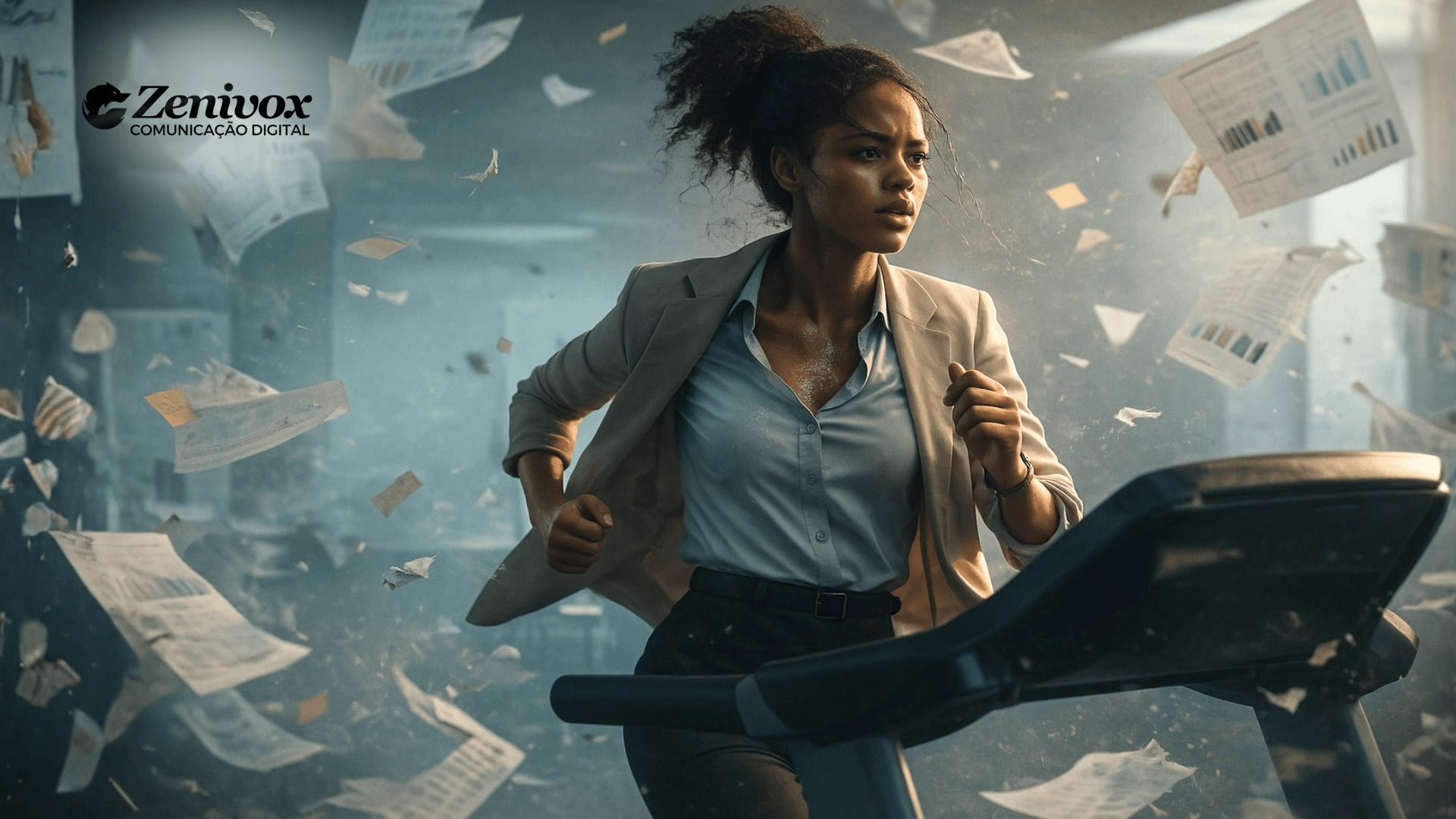 Jovens empreendedores correndo contra o caos do início do negócio, simbolizando foco, disciplina e gestão para quem quer se tornar um empreendedor do zero.