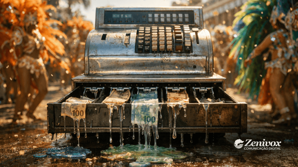 Registro antigo de caixa registradora no meio de um desfile de Carnaval, com cédulas derretendo e escorrendo para o chão, simbolizando um fluxo de caixa descontrolado e o dinheiro se perdendo rapidamente durante o período de maior movimento.