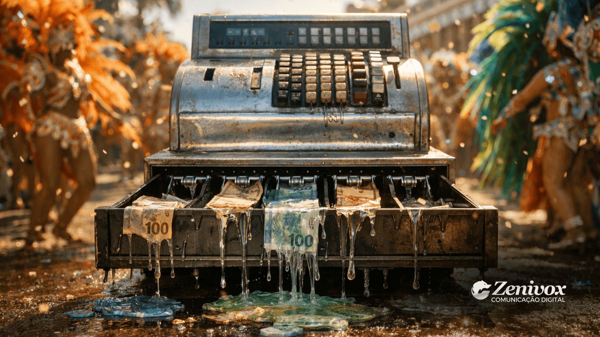 Registro antigo de caixa registradora no meio de um desfile de Carnaval, com cédulas derretendo e escorrendo para o chão, simbolizando um fluxo de caixa descontrolado e o dinheiro se perdendo rapidamente durante o período de maior movimento.