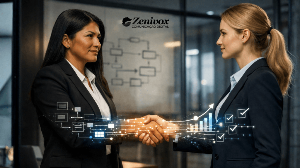 Duas profissionais apertando as mãos em ambiente corporativo moderno, com gráficos e fluxos digitais ao redor, representando um onboarding de funcionários estruturado, estratégico e orientado a processos.