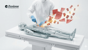 Cena conceitual mostrando um médico realizando uma incisão em um corpo metálico com a etiqueta ‘gasto excessivo’, enquanto documentos e símbolos de dinheiro são removidos. Representação visual de gestão orçamentária e cortes financeiros em janeiro.