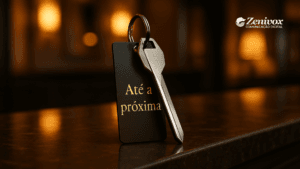 Chave moderna de hotel com tag escrita “Até a próxima”, simbolizando marketing hoteleiro focado em fidelização e retorno do hóspede.