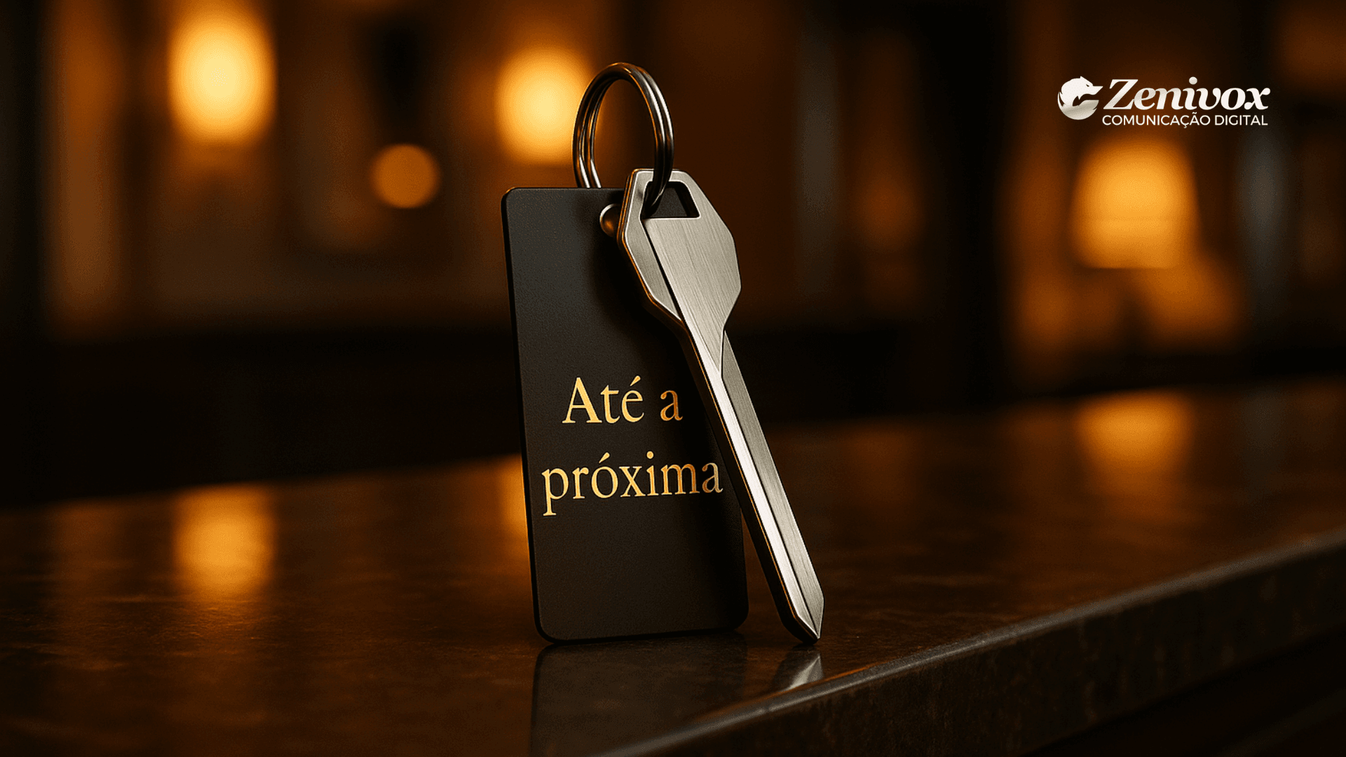Chave moderna de hotel com tag escrita “Até a próxima”, simbolizando marketing hoteleiro focado em fidelização e retorno do hóspede.