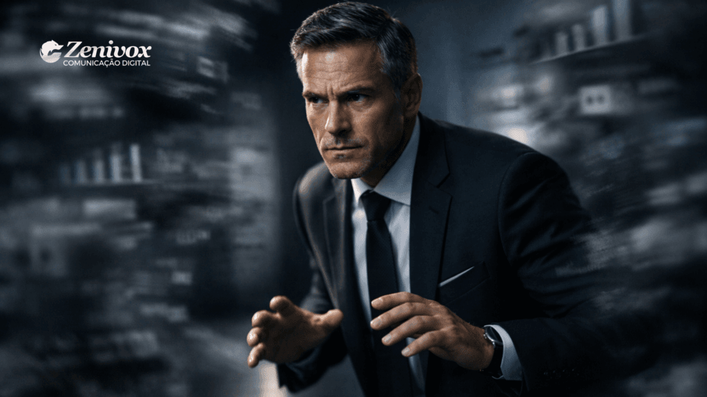 Executivo tenso em ambiente corporativo desfocado, postura defensiva sugerindo ataque invisível à marca, representando risco reputacional e as consequências de comprar brigas desnecessárias.